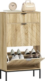 HOMCOM Keskeny Cipőtároló Szekrény 2 Ajtóval, Cipőtárolás Fiókkal és Állítható Polcokkal, 8 Pár Cipőhöz, 60x24x105.5 cm Tölgy | Aosom