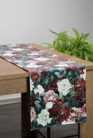 Fehér-bordó virágmintás bársony asztali futó 35x140 cm