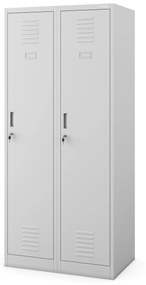 Pléh öltözőszekrény talpazaton, kétmodulos, polccal és köztes fallal KACPER, 800 x 1800 x 500 mm, szürke