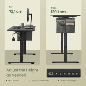 Elektromos állítható magasságú íróasztal, 160×70 cm, 4 memóriapozícióval, fekete
