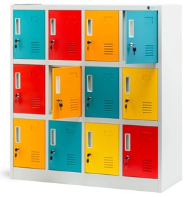 Fém öltözőszekrény, 12 rekeszes OLA, 1090 x 1200 x 450 mm, szürke-többszínű