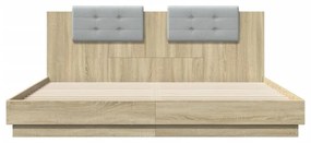 sonoma tölgy színű ágykeret fejtámlával és LED-ekkel 200x200 cm