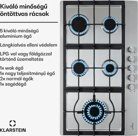 Klarstein Ignito Chef Edition, 5 zóna, gáz főzőlap, 5 égő, Sabaf égők, üvegkerámia felület