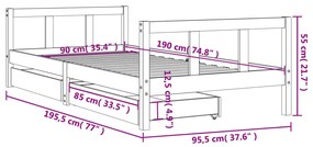fehér tömör fenyőfa gyerekágy keret fiókkal 90x190 cm