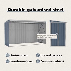 szürke acél falhoz erősíthető kerti fészer 118 x 288 x 178 cm