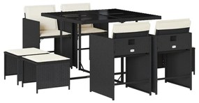 9 részes fekete polyrattan kerti étkezőgarnitúra párnákkal