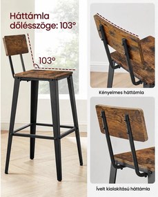2 db-os bárszék készlet háttámlával és lábtartóval, 74 cm ülésmagasság, 136 kg teherbírás, vintage barna és fekete