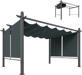 Outsunny 4 x 3 m kihúzható kerti pergola, 4 automata feltekerhető függönnyel, UV50+, alumínium váz, beépített vízelvezetés — sötétszürke | Aosom