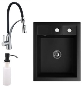 Gránit Mosogató NERO Parma + kihúzható zuhanyfejes króm Duo-Flex csaptelep + adagoló + szifon (matt fekete)