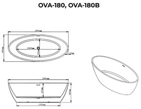 OVAL szabadon álló fürdőkád, fekete-fehér, 180x80x58 cm