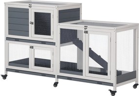 PawHut Fa Nyúlketrec Kerekekkel 147x45,5x88,5 cm 2-Szintes Ketrec Nyulaknak Nyitható Tetővel, 2 Fém Futóval, 3 Kivehető Tálcával, 3 Ajtóval Zárral és