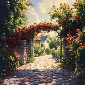 Vászonkép Canvas Kapu Vörös Rózsák Vidéki Kert Otthon Természet 40x40