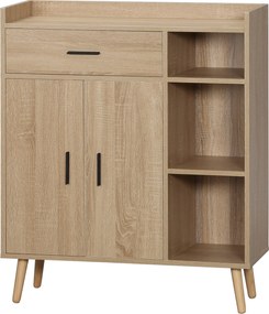 HOMCOM Modern Nappali Vitrineszekrény 2 Ajtóval, 1 Fiókkal és 3 Nyitott Polccal, Tárolóegység Konyhába, Hálószobába és Előszobába, Antikibillentési Re