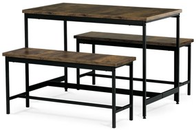 Étkezőgarnitúra 1 asztal +2 pad, asztal mérete 110x60x75, pad mérete 98x30x47, MDF, Öregtölgy színben. Nem víz és Uv álló.