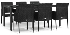 7 részes fekete polyrattan kerti étkezőgarnitúra párnával