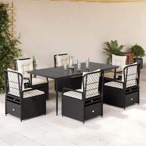7 részes fekete polyrattan kerti étkezőgarnitúra párnával