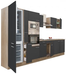 Yorki 360 konyhablokk sonoma tölgy korpusz,selyemfényű antracit fronttal alulfagyasztós hűtős szekrénnyel