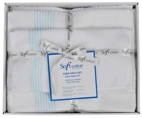 AQUA törölközők és fürdőlepedők ajándékszettje, 5 db Szett (2 db 33 x 33 cm-es, 2 db 45x90 cm-es törölköző, 75 x 150 cm-es fürdőlepedő) Fehér - Türkiz színű hímzés / Turquoise
