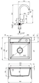Deante Zorba, gránit mosogató 440x440x184 mm B / O, 3,5 "+ helytakarékos szifon, 1 kamrás + Nemezja csaptelep, grafit, ZQZA2103