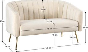 Design kétszemélyes kanapé, bézs Velvet szövet/gold króm-arany, BAGY
