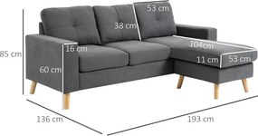 HOMCOM Sarokkanapé 3 személyes, vászonhatású, megfordítható heverő, szürke