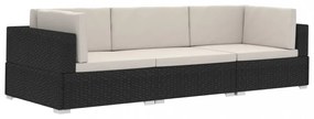 3 darabos fekete polyrattan kerti ülőgarnitúra párnákkal
