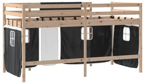 fehér-fekete tömör fenyő gyerek galériaágy függönnyel 90x190 cm