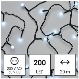 LED karácsonyi fényfüzér, cseresznye – golyók, 20 m, kültéri és beltéri, hideg fehér, időz