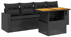 5 részes fekete polyrattan kerti kanapészett párnákkal