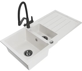 Mexen Andres gránit mosogató 1,5-medencés csepegtetővel és Duo konyhai csapteleppel, fehér - 6515-20-671701-70-B