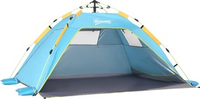 Outsunny Pop Up Strand Sátra Kihúzható Ablakokkal és Cipzáros Ajtóval, Azonnali Poliészter és Üvegszálas Sátor, 220x173x120 cm, Világoskék és Sárga |