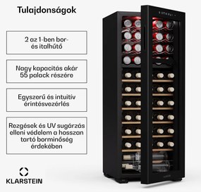 Klarstein Bovella 55 Duo+ borhűtő, 2 az 1-ben, 55 palack, 2 zóna, 9 polc, Érintéses vezérlés