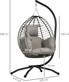 Outsunny Hajtható Függő Tojáshinta Párnával és Állvánnyal, Belső és Külső Használatra, Fém, Polipropilén Kötél, Szürke, 110L x 100W x 188H cm | Aosom