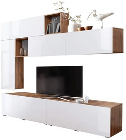 Nappali fal, fehér extra magas fényel HG/tölgyfa wotan, MIRALDA