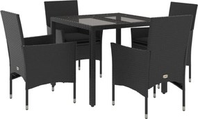 vidaXL 5 részes fekete polyrattan/üveg kerti étkezőgarnitúra párnákkal