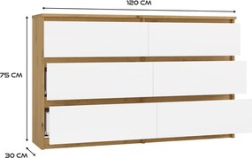 M6 120 fiókos szekrény, 120x75x30 cm, tölgy-fehér