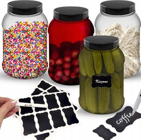 4x Nagy Befőttesüveg Műanyag Ételtároló Keksz 2,5L 2500ML Címkék