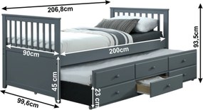 Ágy pótággyal, 90x200, szürke, AUSTIN NEW