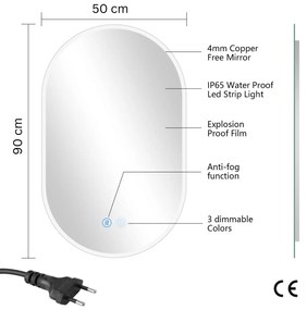 Erga Demi, ovális LED tükör 50x90cm, 3 fényszín, elülső világítás, páramentes fűtőpárna, ERG-V01-DEMI-5090-CL