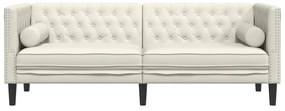 3 személyes krémszínű bársony Chesterfield kanapé párnákkal