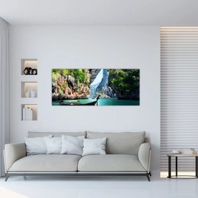 Kép - Víz mediterrán táj csónakkal (120x50 cm)