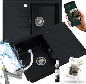 Gránit Mosogató 68x50 Fekete Matt Titanite+krómozott Szifon +impregnáló