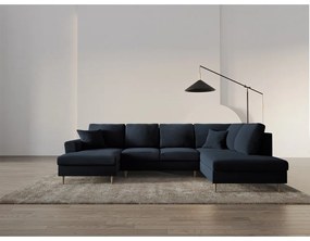 Sötétkék bársony kinyitható tárolóhelyes sarokkanapé (jobb oldali-U alakú) Kyoto – Cosmopolitan Design