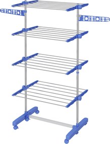 HOMCOM 4 Szintes Ruhaszárító Torony Állvány, Összecsukható Szárnyakkal és Kerekekkel, Belső és Külső Használatra, 142 x 55 x 172 cm, Kék | Aosom