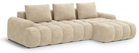 Bézs bársony kinyitható-tárolóhelyes sarokkanapé (jobb oldali-heverő résszel) Linz – Cosmopolitan Design