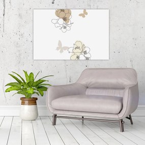 Kép - Bézs virágok pillangóval N⁰2 (90x60 cm)