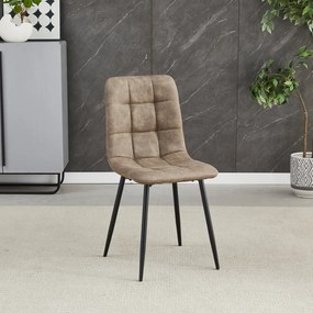 Scaun de sufragerie, material vintage maro, picioare metalice negre