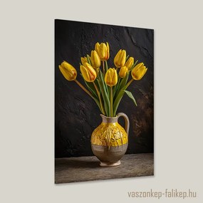 Sárga tulipán csokor kerámia vázában – Elegáns falikép otthonra 40x60cm