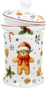 Karácsonyi porcelán keksztároló tetővel mézeskalács macis díszdobozban