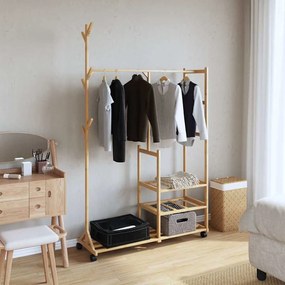 bambusz ruhaállvány polcokkal és kerekekkel 100x38x175,5 cm